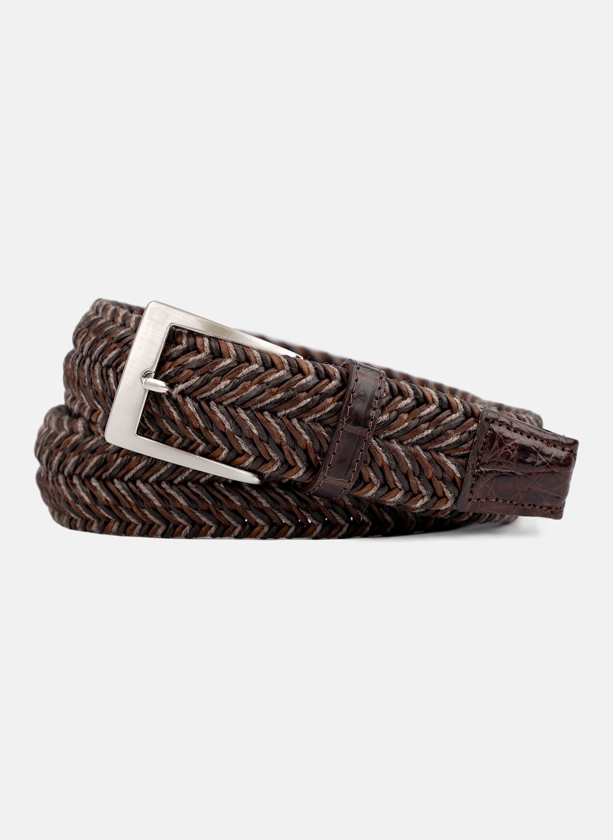 w.kleinberg - Leather Cloth Stretch Belt with Crocodile Tabs - Roast