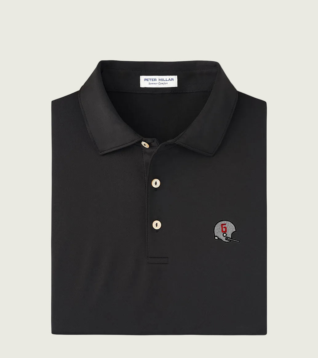 A black Peter Millar solid stretch jersey polo shirt with a vintage UGA football helmet embroidery on the chest.