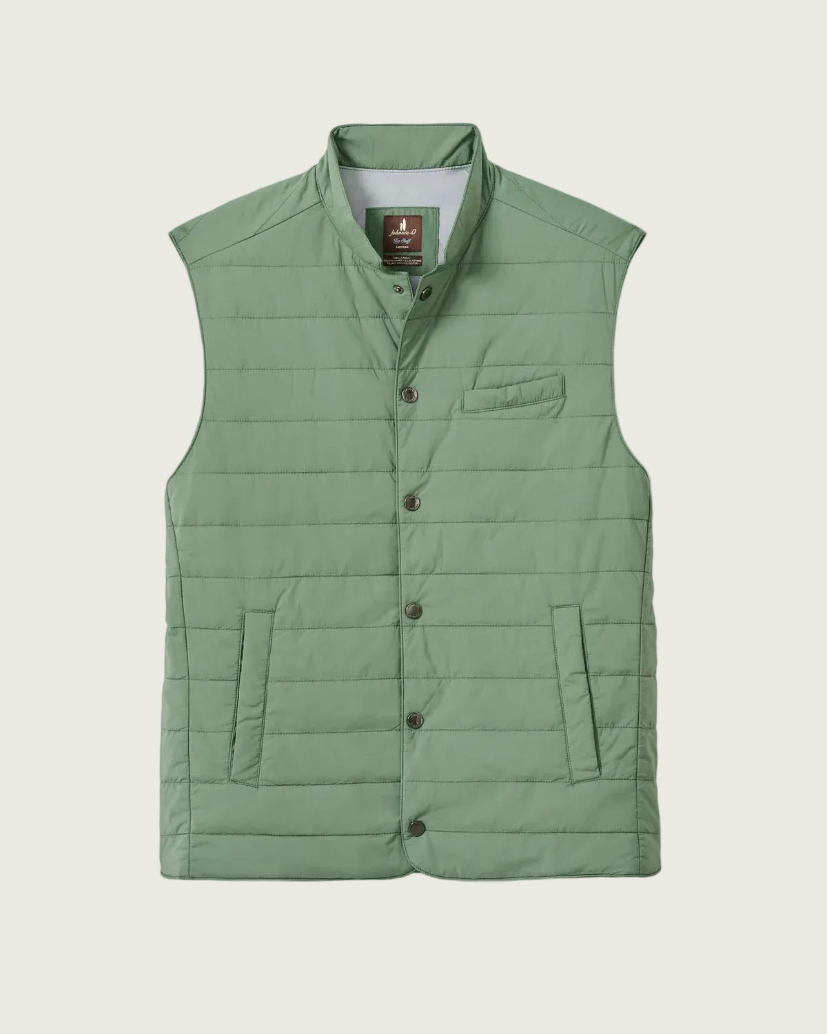 A sage green quilted puffer vest with a stand collar, button front, and chest pocket, shown flat on a light gray background.