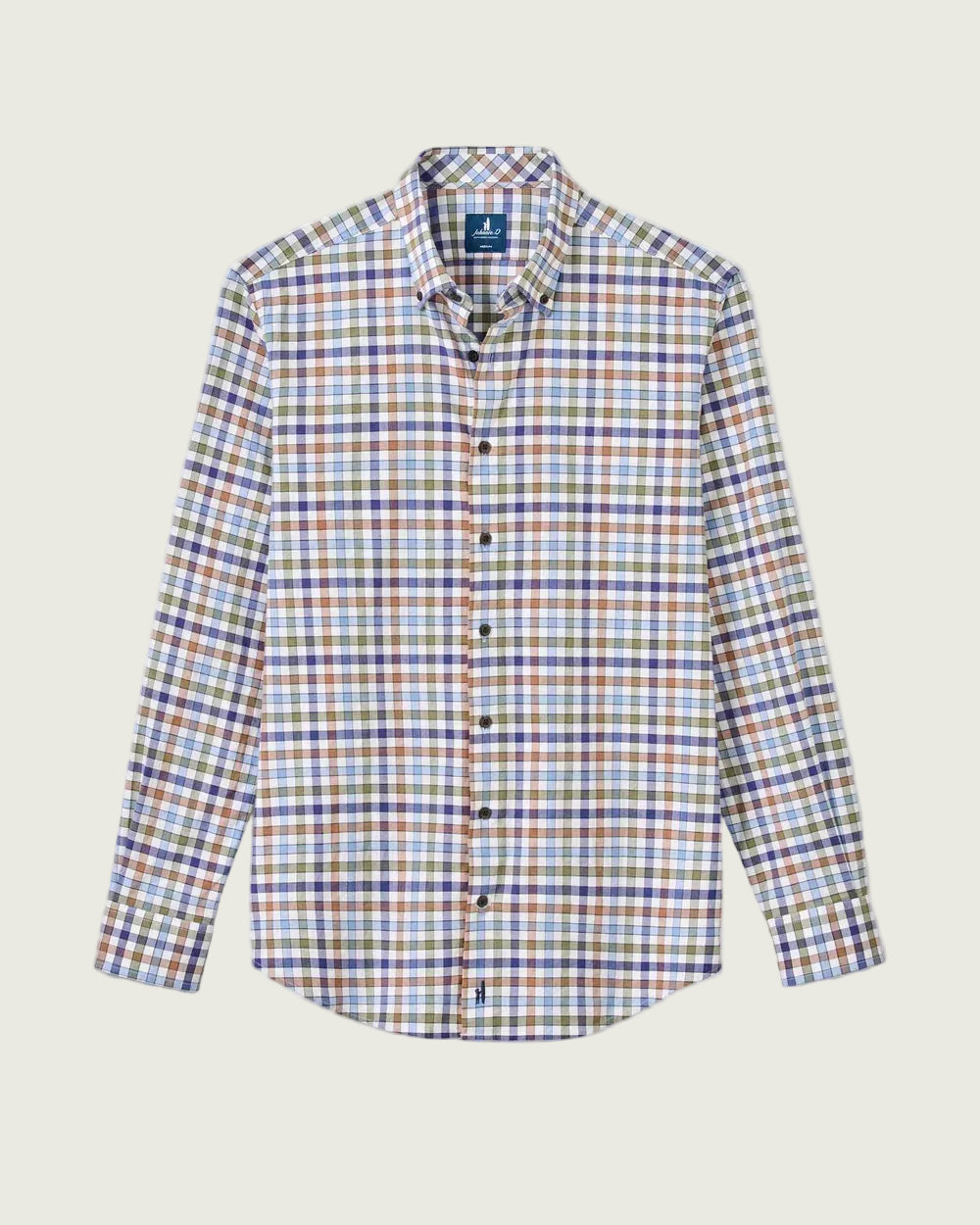 A long-sleeve button-up shirt with a multicolor plaid pattern on a white base, featuring blue, orange, and purple lines. The shirt is displayed flat against a light gray background.