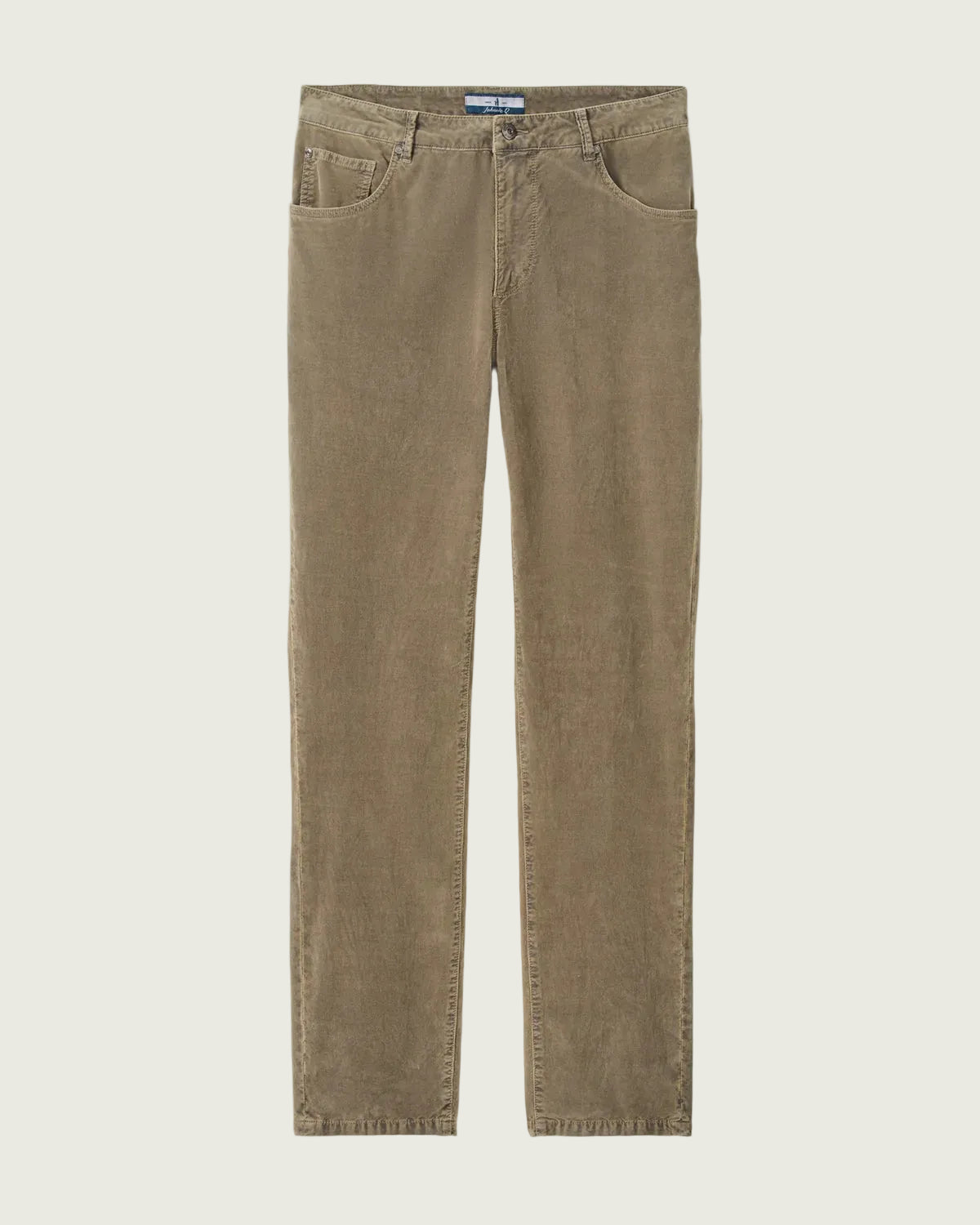A pair of slim-fit corduroy jeans in a muted khaki-brown color, shown flat against a light gray background.