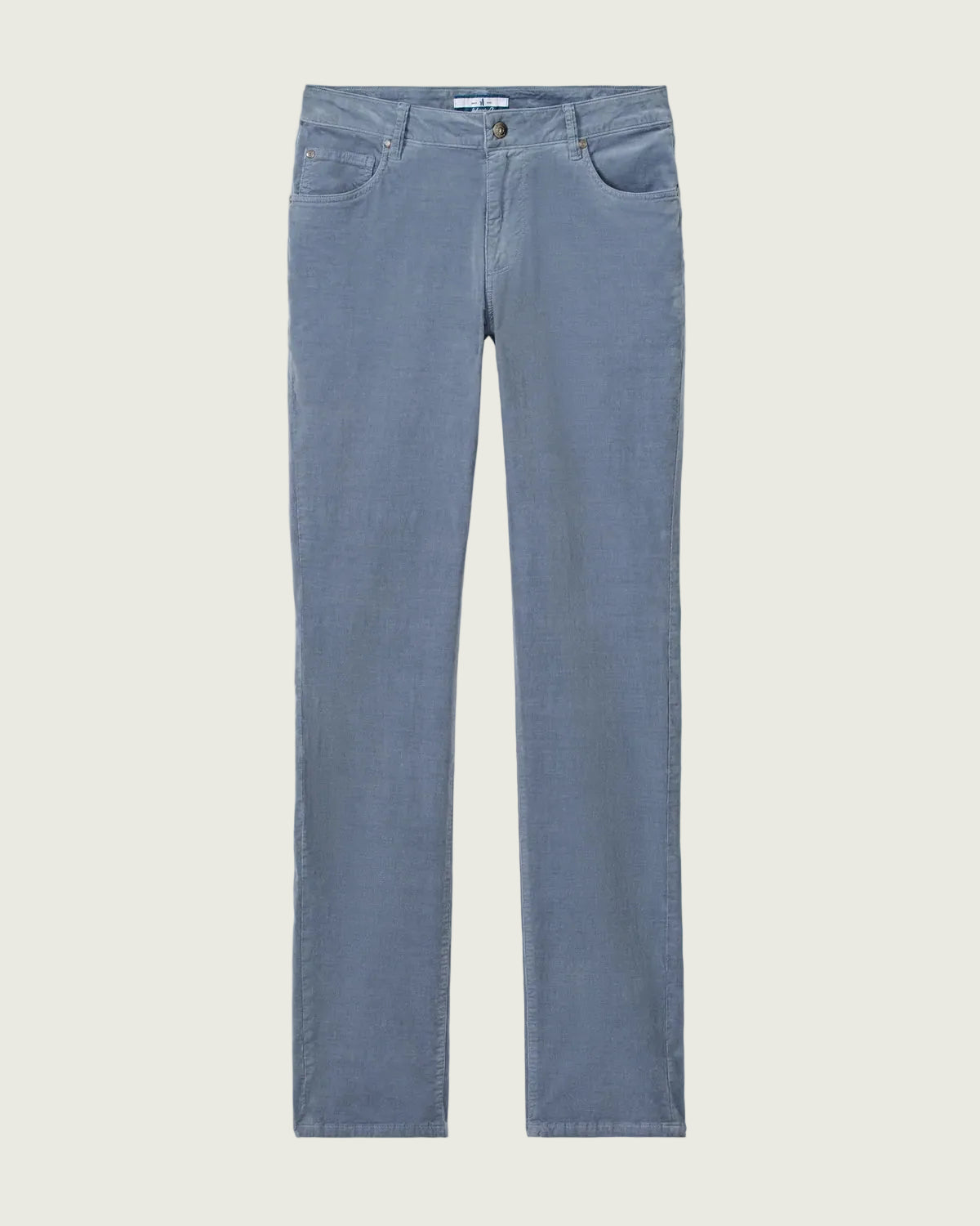 A pair of light blue denim jeans shown flat against a light gray background.
