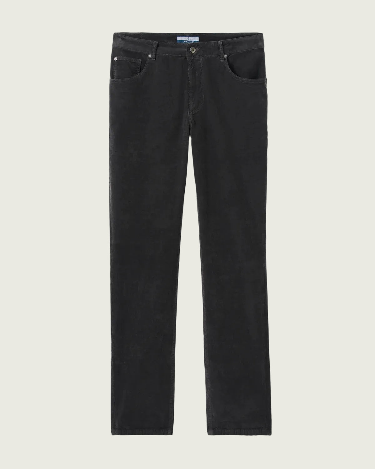A pair of slim-fit black denim jeans shown flat against a light gray background.