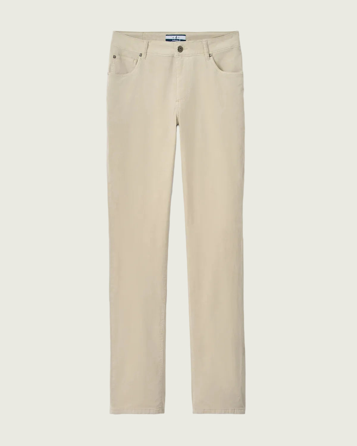 A pair of beige straight-leg jeans shown flat against a light gray background.
