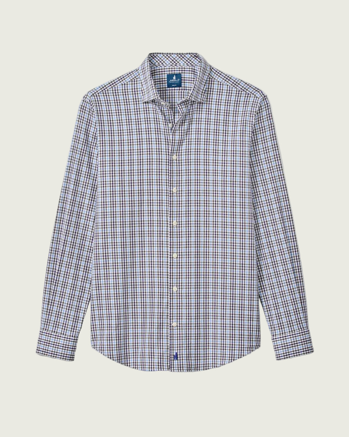A long-sleeve button-up shirt with a small check pattern in blue, red, and white, displayed flat against a light gray background.