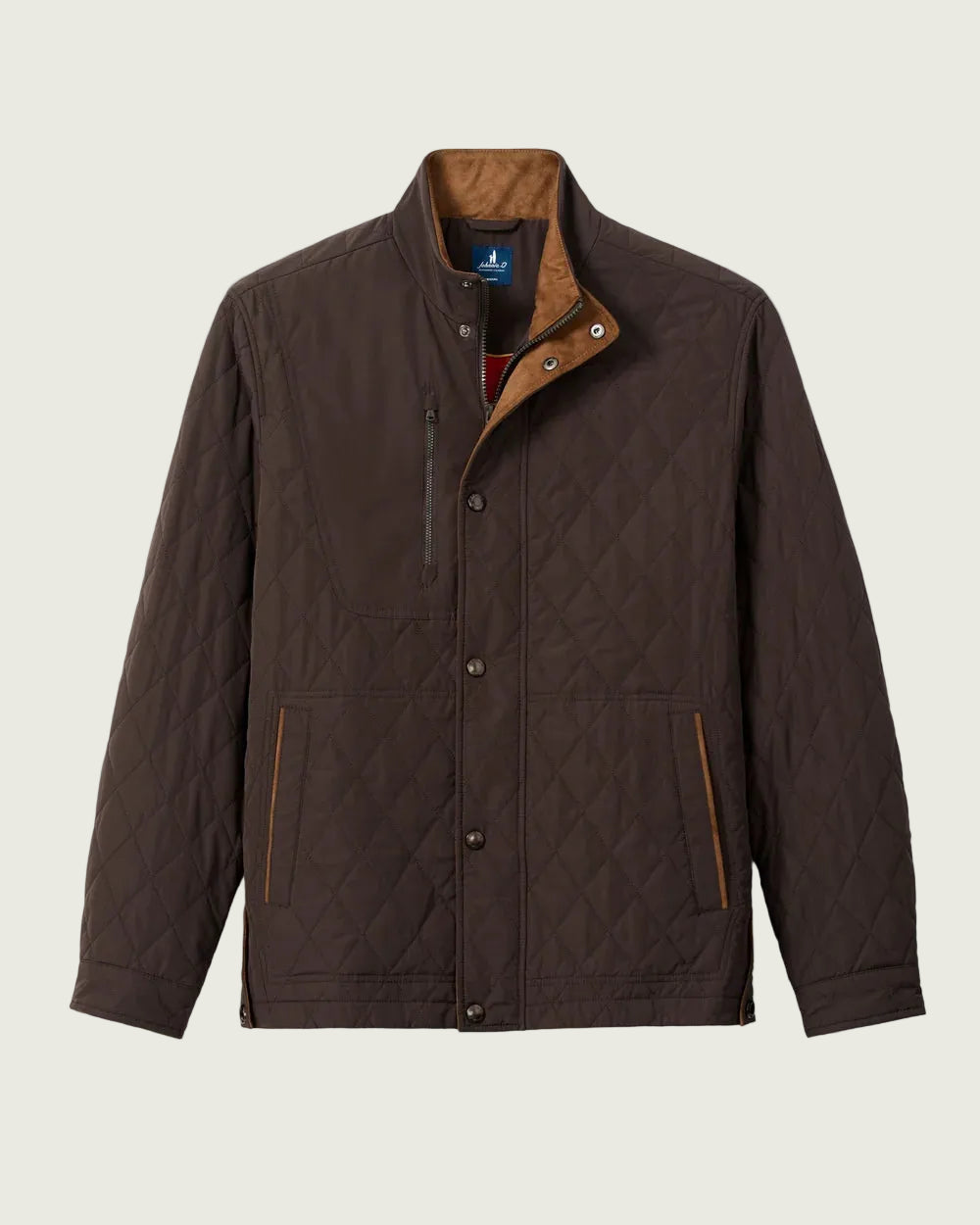 A dark brown diamond-quilted jacket with a tan interior lining and snap-button front, displayed on a neutral light gray background.