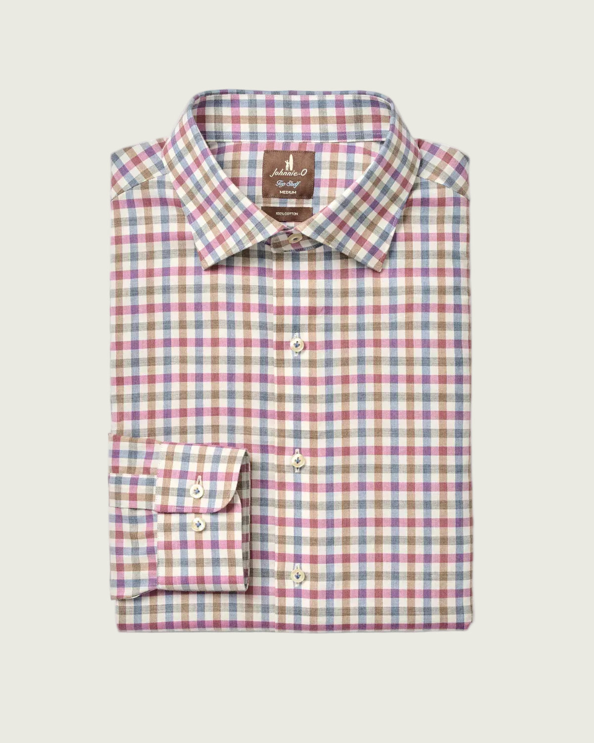 A folded long-sleeve button-down dress shirt with a multicolor gingham check pattern in pink, blue, green, and beige, featuring a pointed collar and a buttoned cuff.
