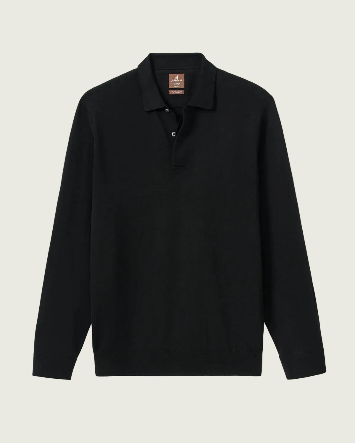 A black long-sleeve polo shirt with a classic collar and a two-button placket, displayed flat against a light gray background.
