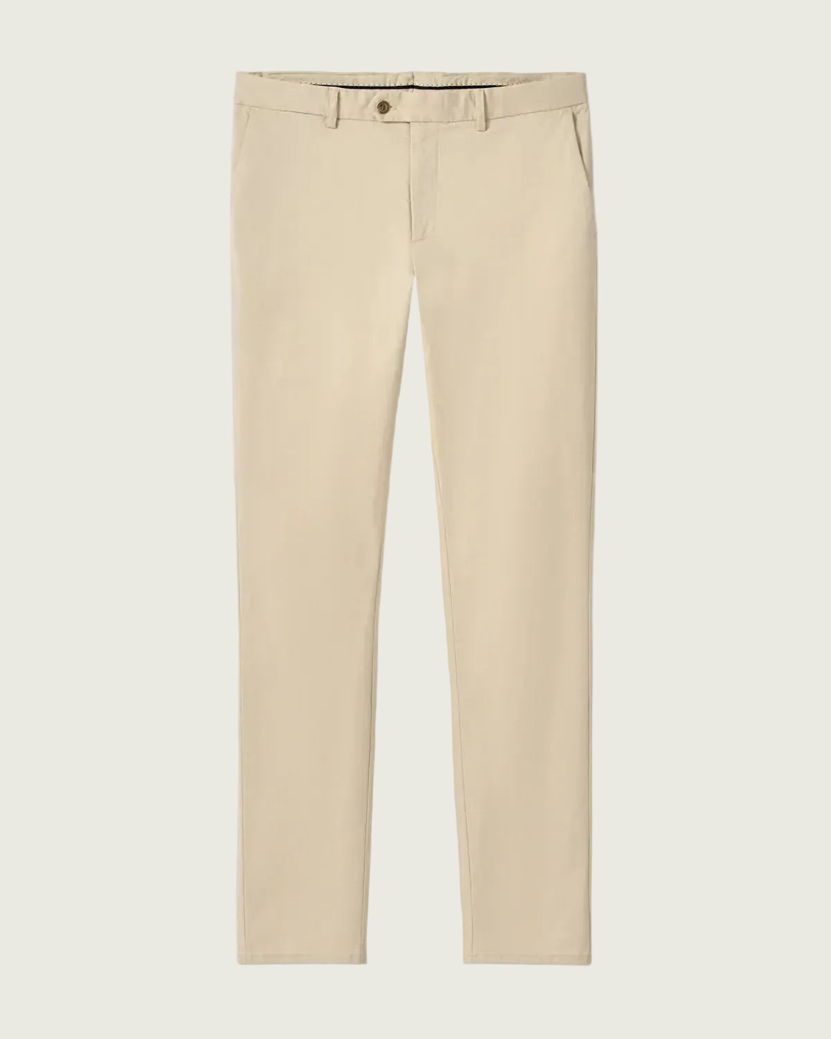 A pair of beige slim-fit chino pants shown flat against a light gray background.
