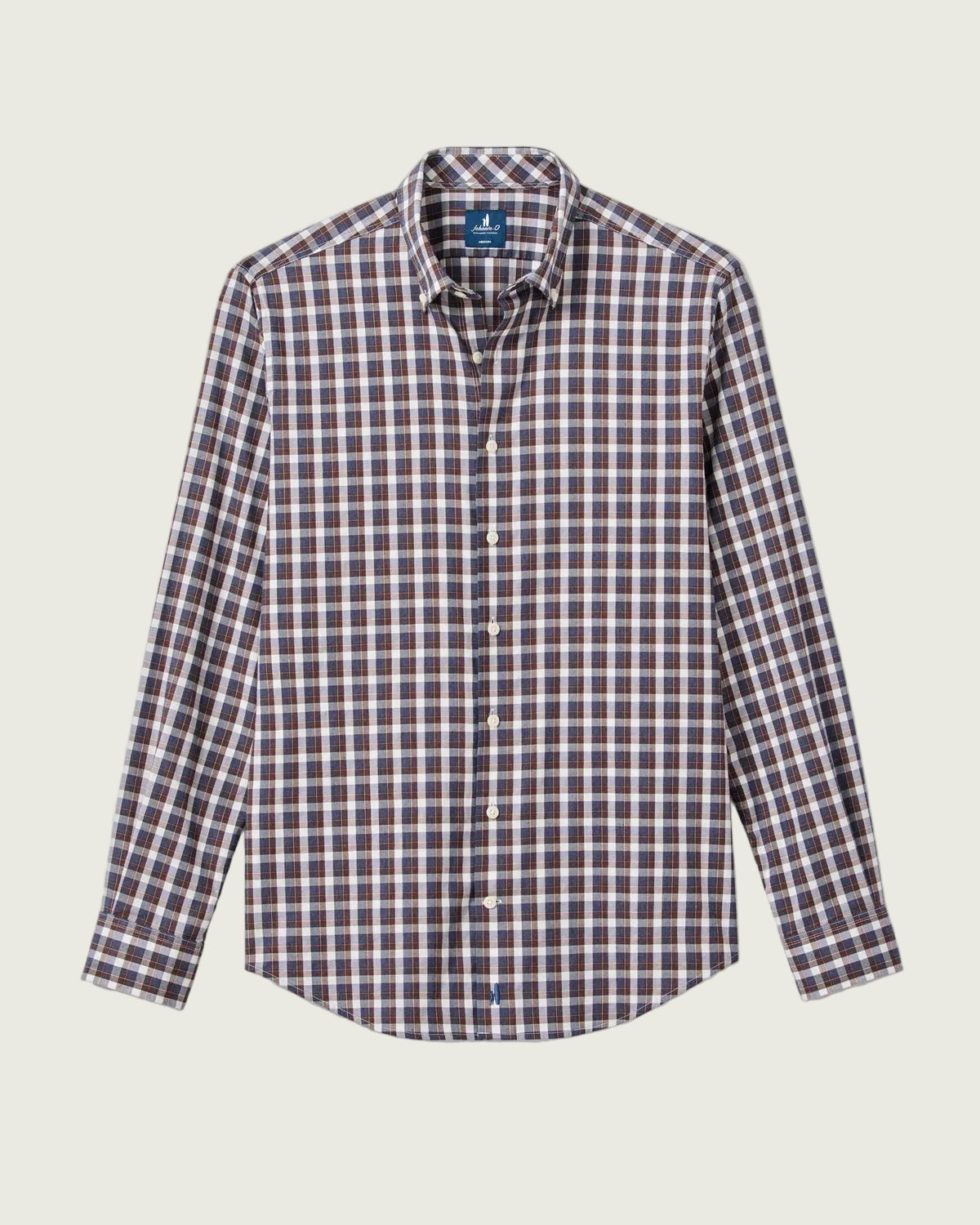 A long-sleeve button-down shirt with a small-scale plaid pattern in navy blue, burgundy, and white, shown against a light gray background.