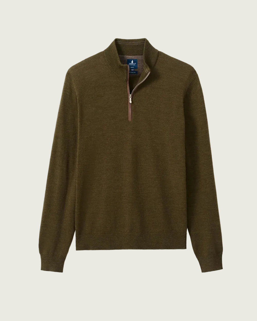 An olive brown quarter-zip knit sweater with a mock neck collar, displayed on a light gray background.