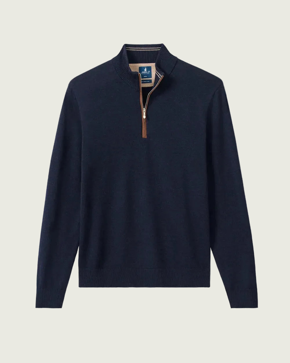 A navy blue long-sleeve quarter-zip sweater with a brown zipper pull and a beige striped inner collar, shown against a light gray background.