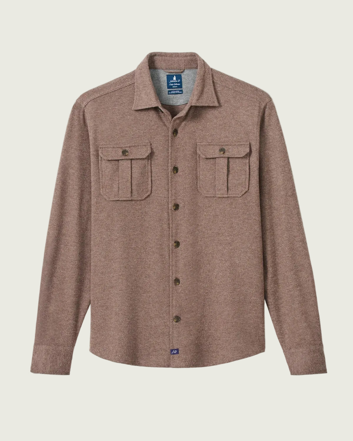 A brown long-sleeve button-up shirt jacket with two chest flap pockets, displayed flat against a light gray background.