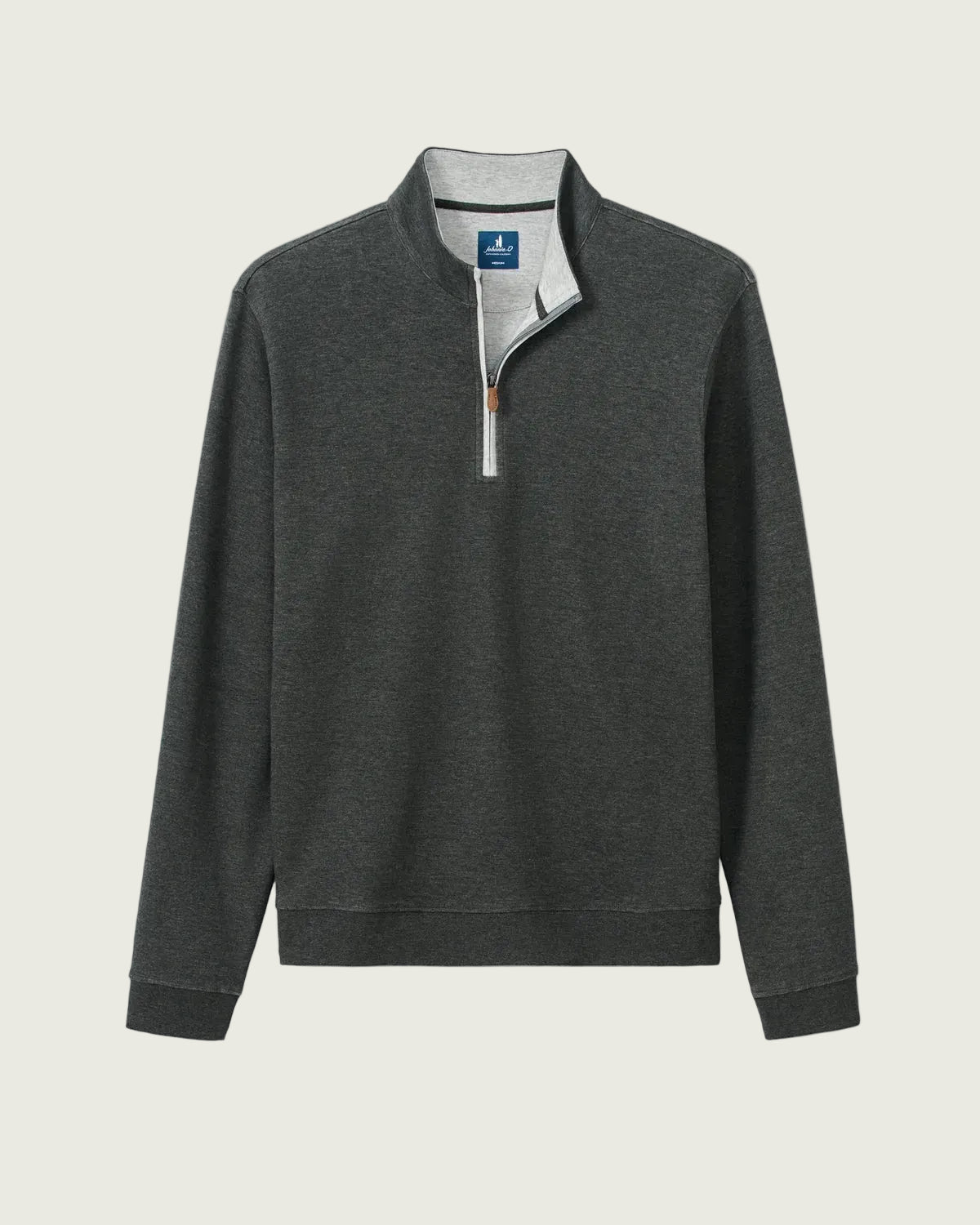 A dark gray heathered quarter-zip pullover sweater with a light gray inner placket and a small brown zipper pull, shown flat against a light gray background.