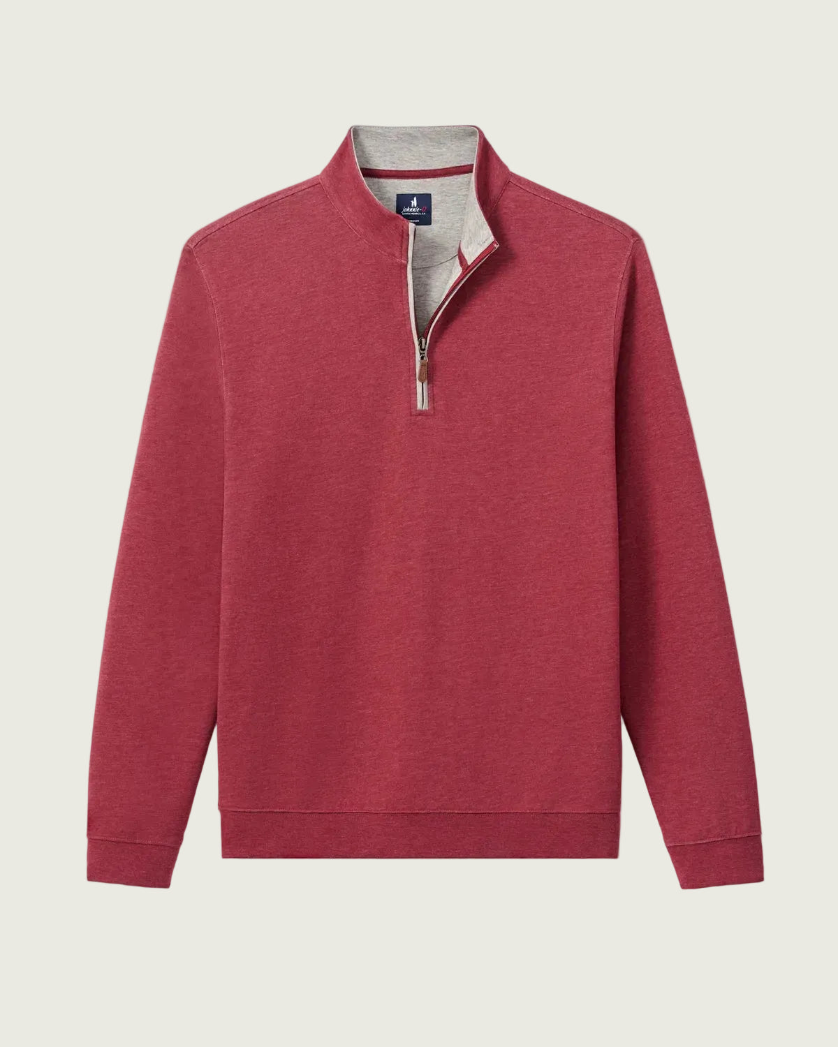 A heathered red long-sleeve quarter-zip pullover sweater with a gray and red striped inner collar, displayed on a light gray background.