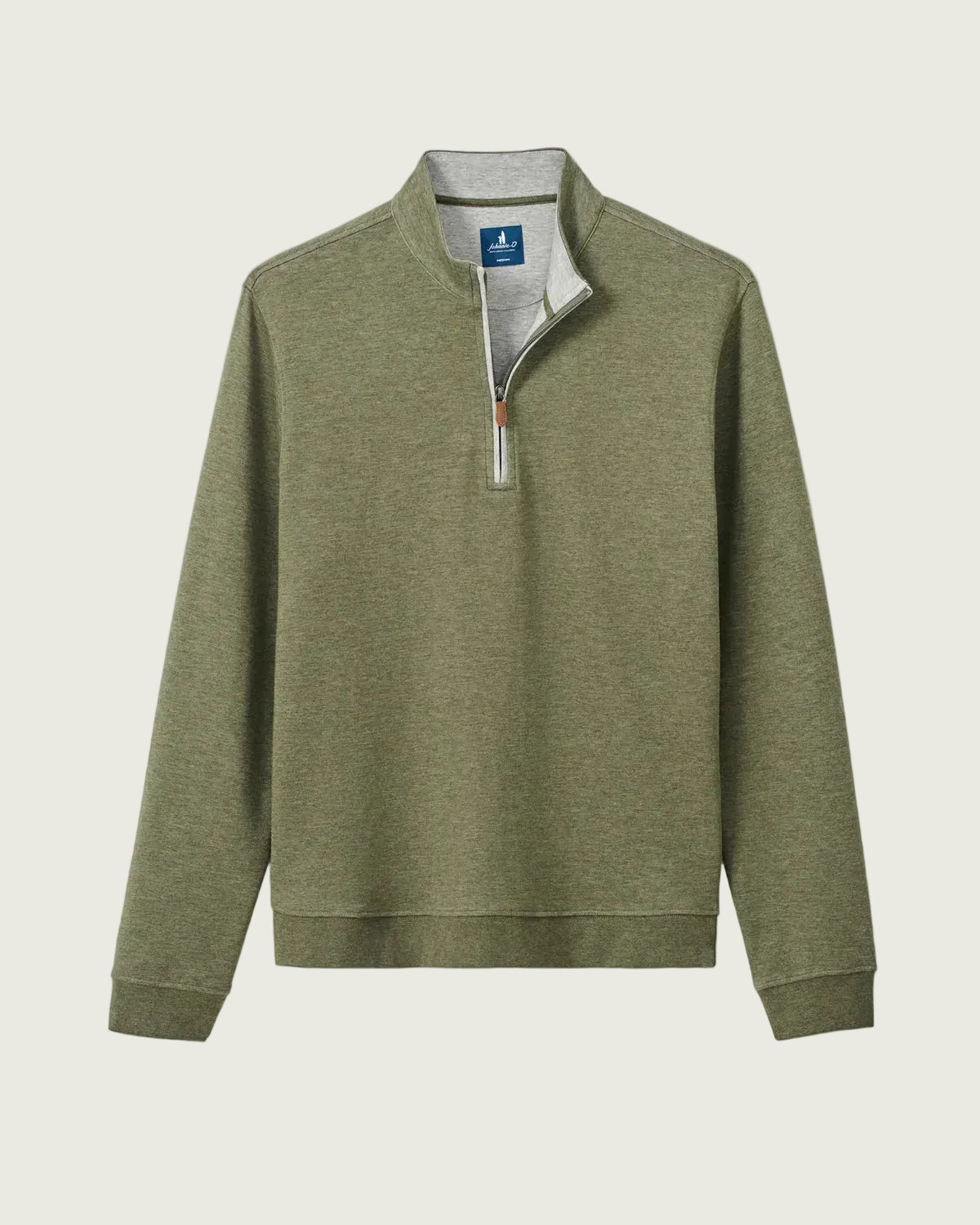 An olive green long-sleeve quarter-zip sweatshirt with a gray ribbed inner collar and a small orange zipper pull, displayed on a light gray background.