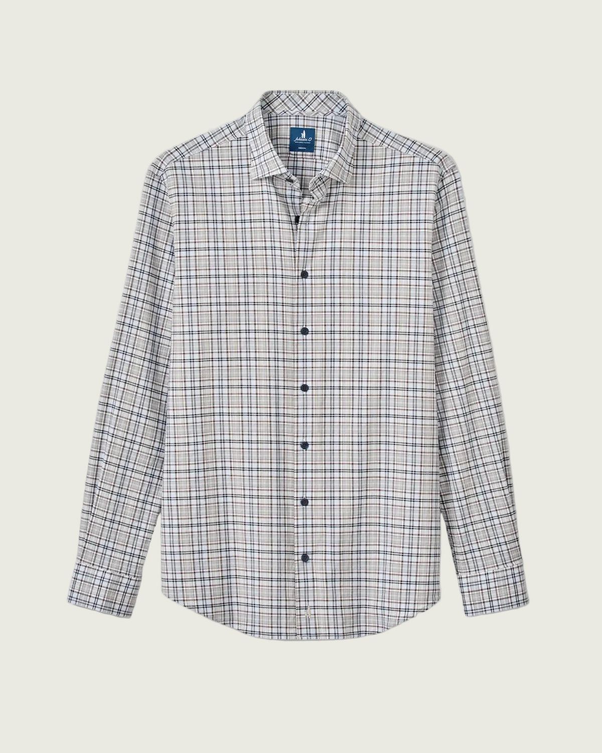 A long-sleeve button-up shirt with a white base and a fine blue and gray plaid pattern, shown flat against a light gray background.