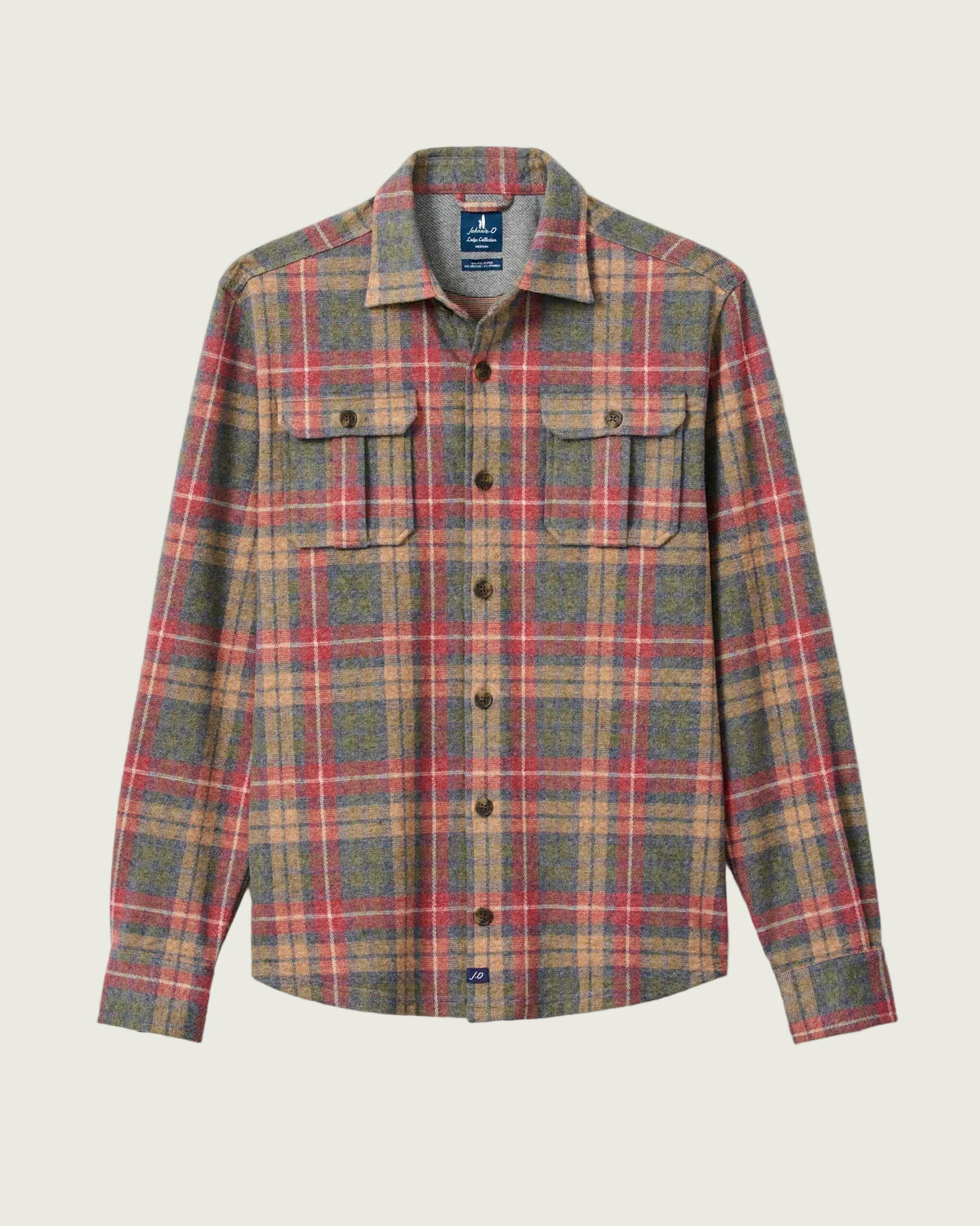 A long-sleeve button-up plaid shirt jacket from The North Face, featuring a classic red, beige, and gray tartan pattern, with two buttoned chest pockets and a collar, shown against a light gray background.