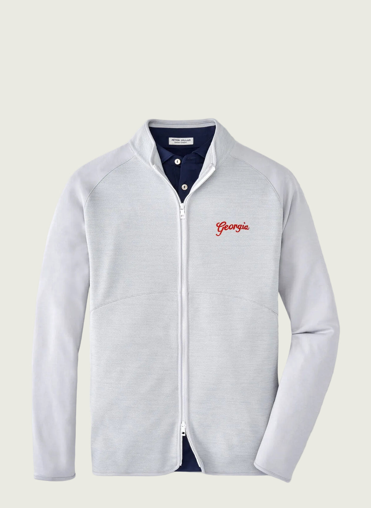 A full-zip jacket in British Grey with the Georgia Script logo on the chest.