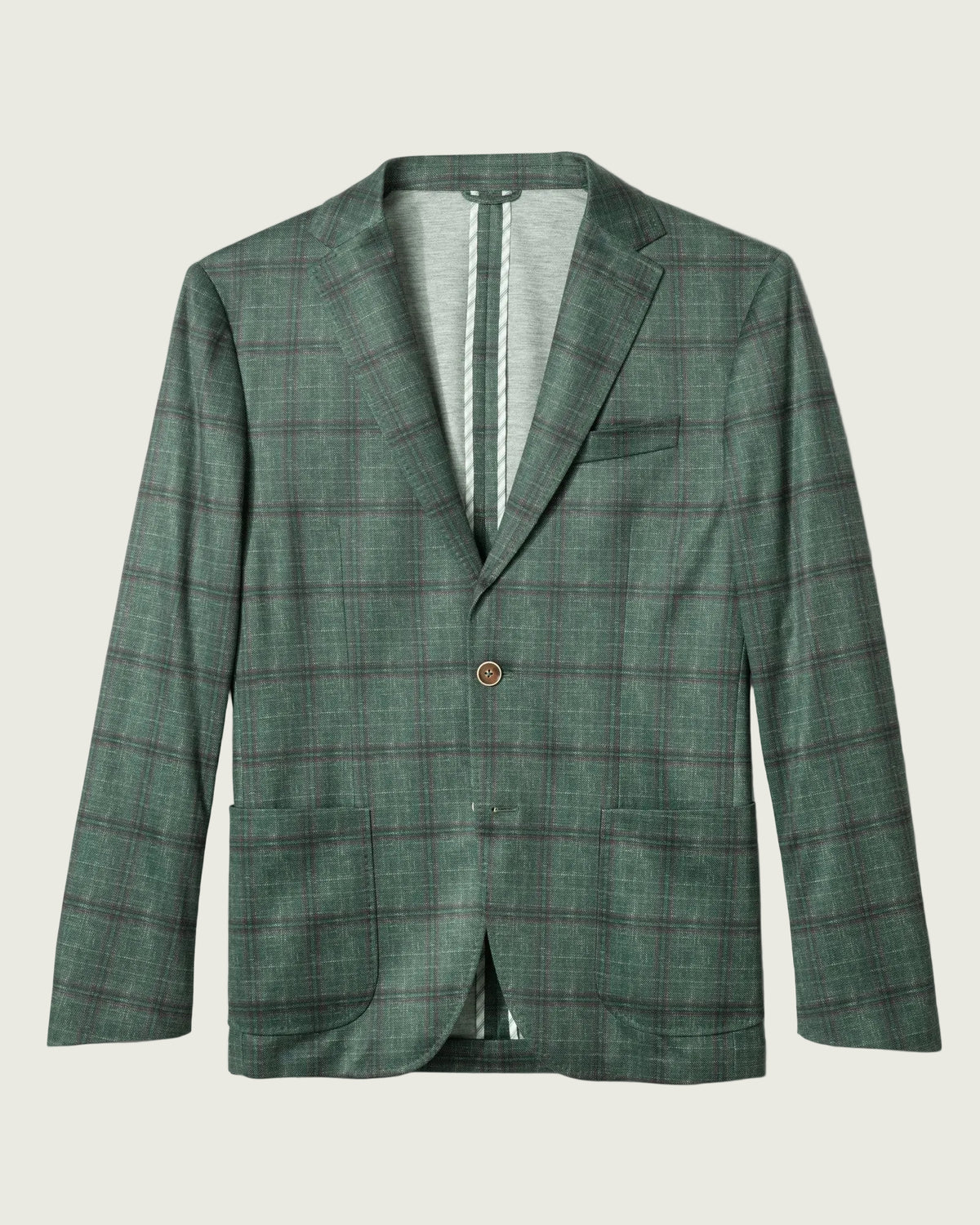 A green plaid blazer with a single button closure, displayed flat against a white background.