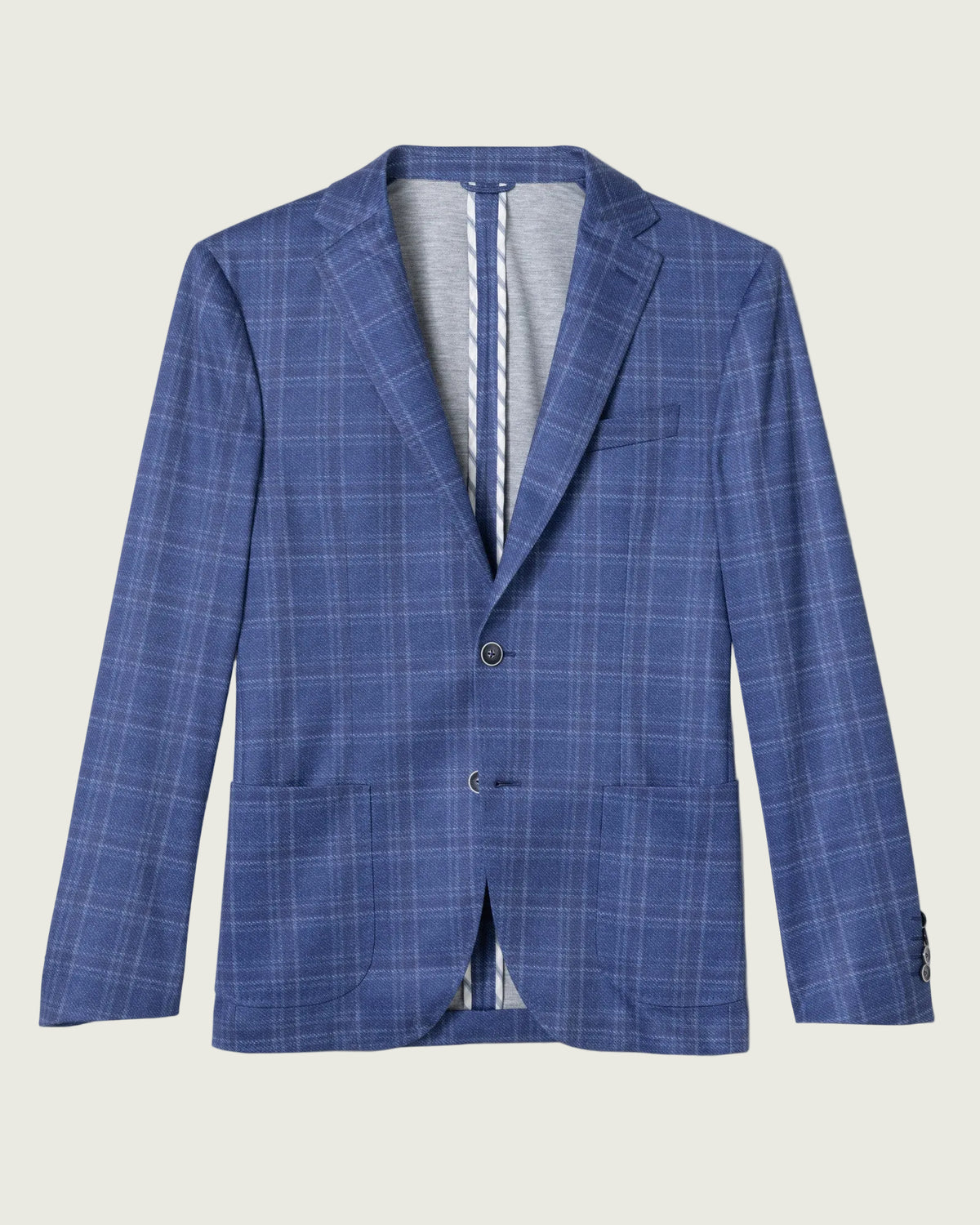 A blue plaid blazer jacket with a two-button front closure, displayed flat against a white background.