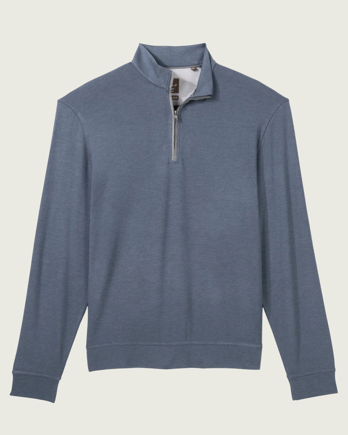 A slate blue long-sleeve quarter-zip pullover sweater with a mock neck collar, displayed flat against a solid white background.