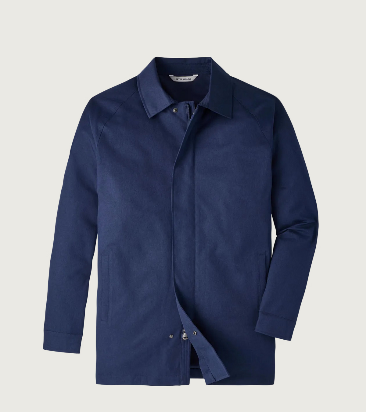 A navy blue long-sleeve overshirt with a pointed collar and a partially open front, displayed flat against a light gray background.