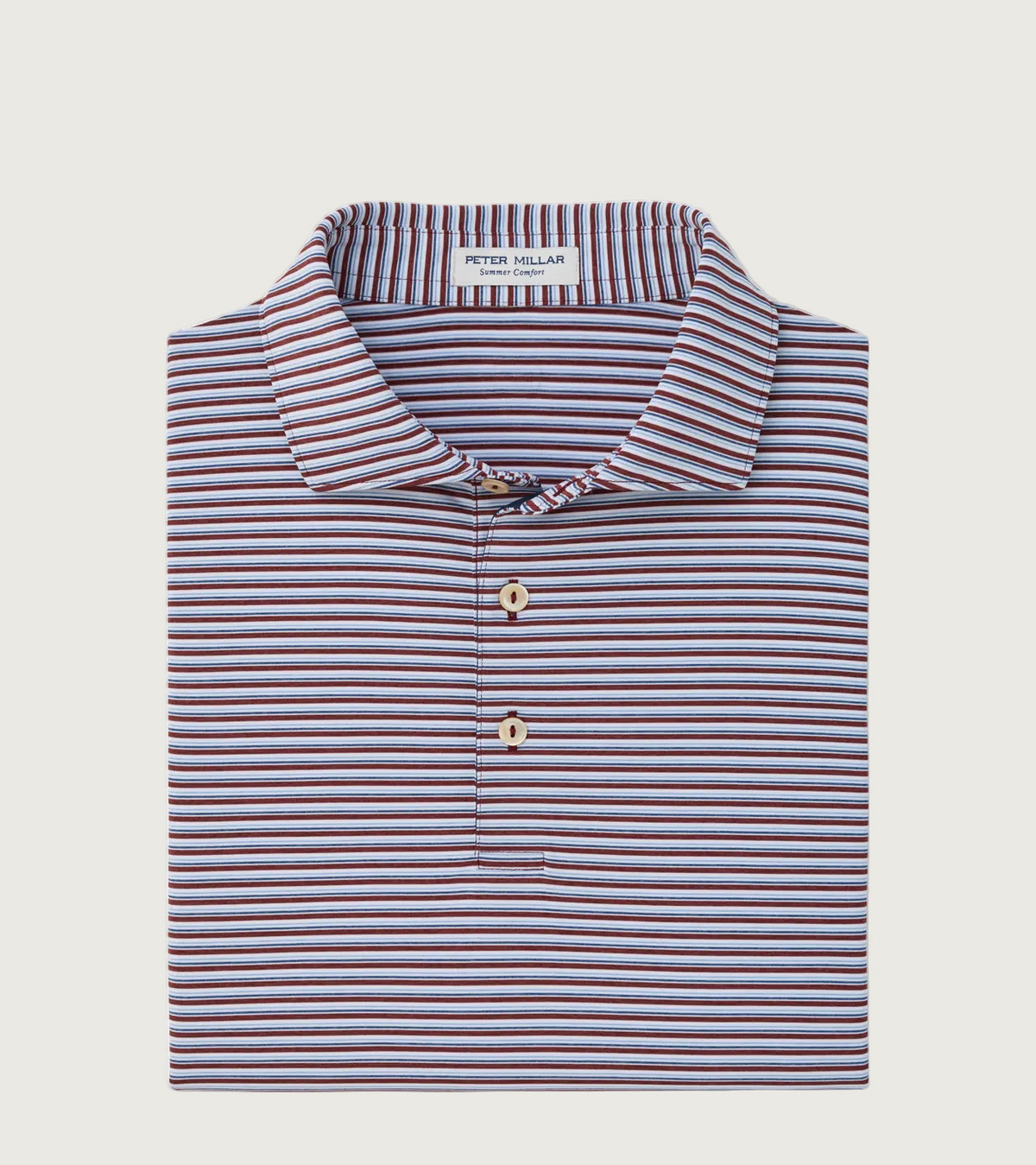 A folded Peter Millar men's polo shirt featuring a fine horizontal stripe pattern in navy blue, burgundy, and beige, with a classic collar and three buttons.
