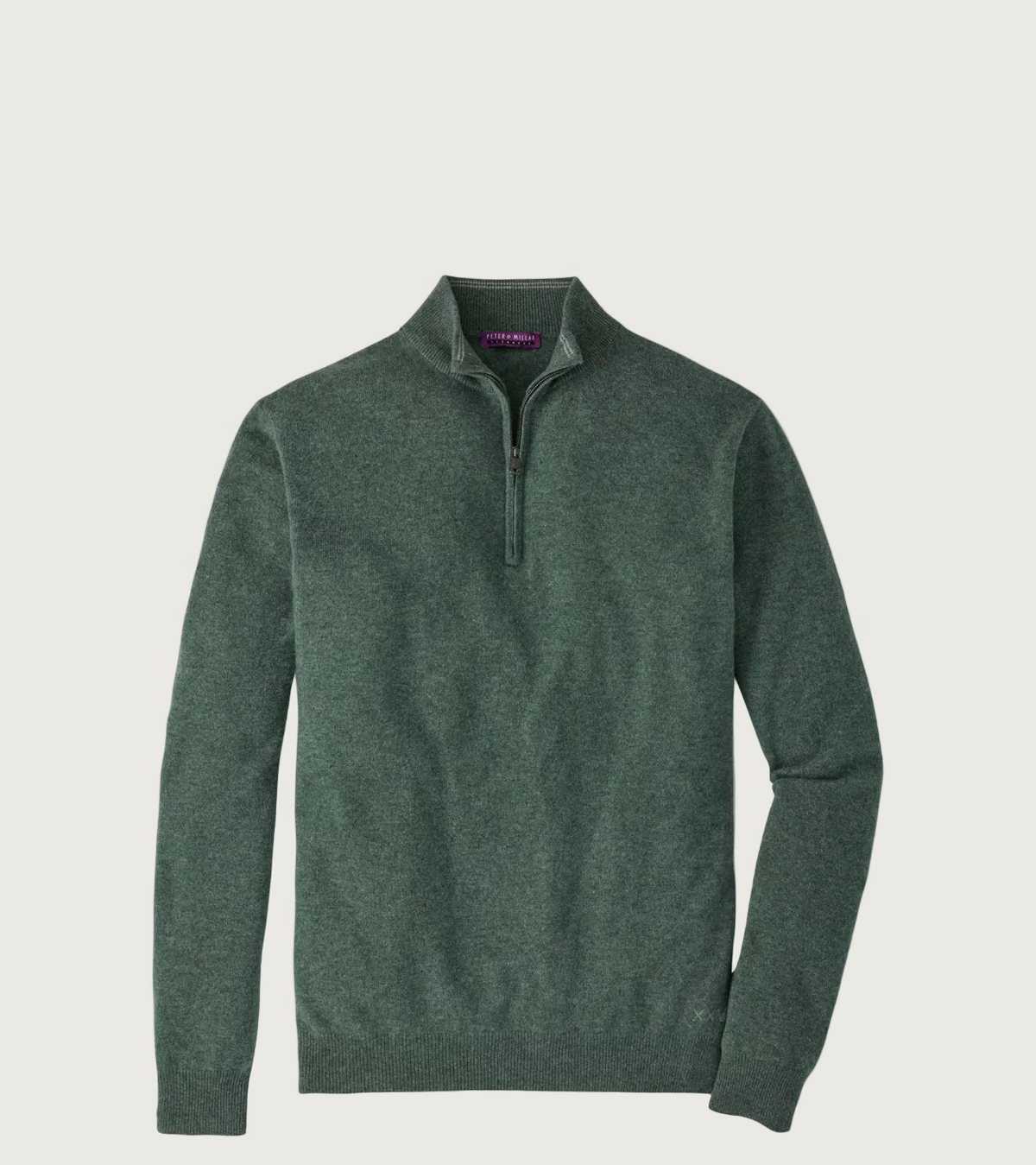 A dark green heathered quarter-zip sweater with a stand collar, displayed flat against a light gray background.