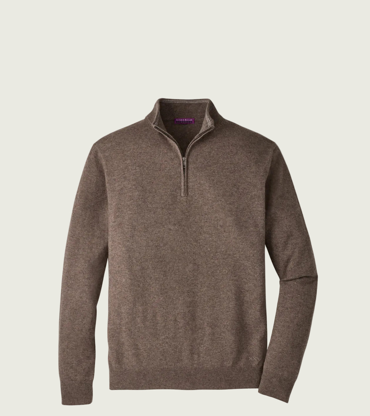 A men's brown half-zip knit sweater with a mock neck collar, displayed on a clean white background.