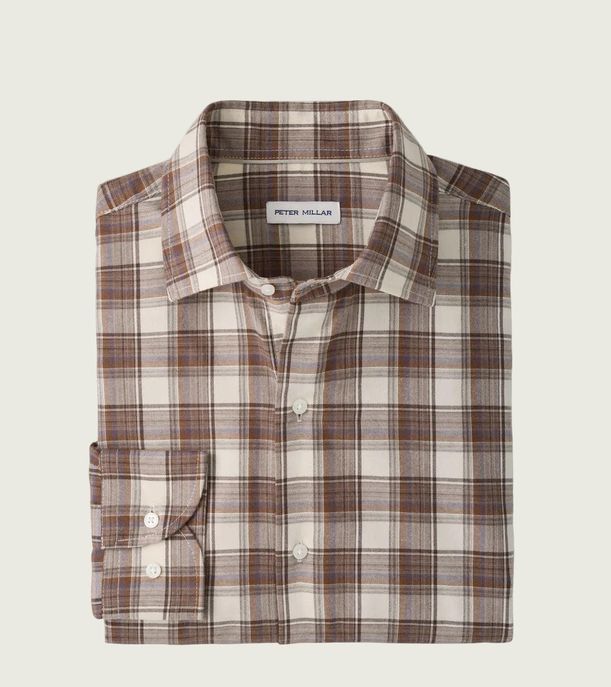 A folded Peter Millar plaid button-down shirt in brown, beige, and white, shown on a clean white background.