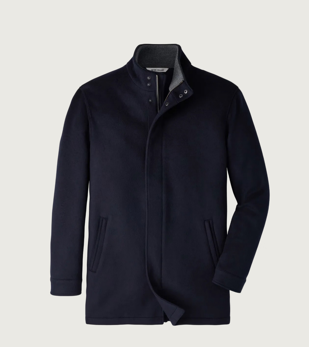 A dark navy blue men's jacket with a high stand-up collar, snap-button placket, and side pockets, shown on a light gray background.