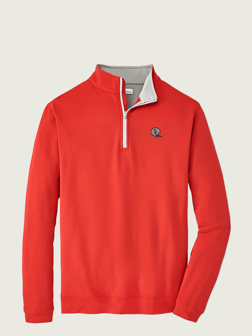 A red Peter Millar quarter zip pullover with a small logo on the chest.