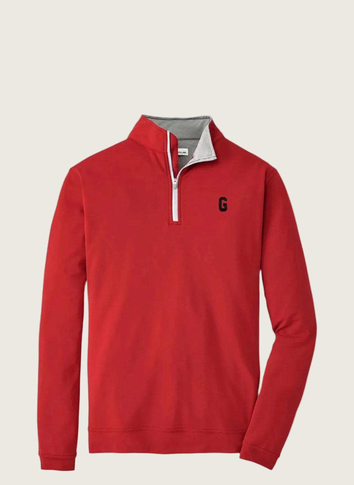 A red Peter Millar quarter-zip pullover with a small logo on the chest.