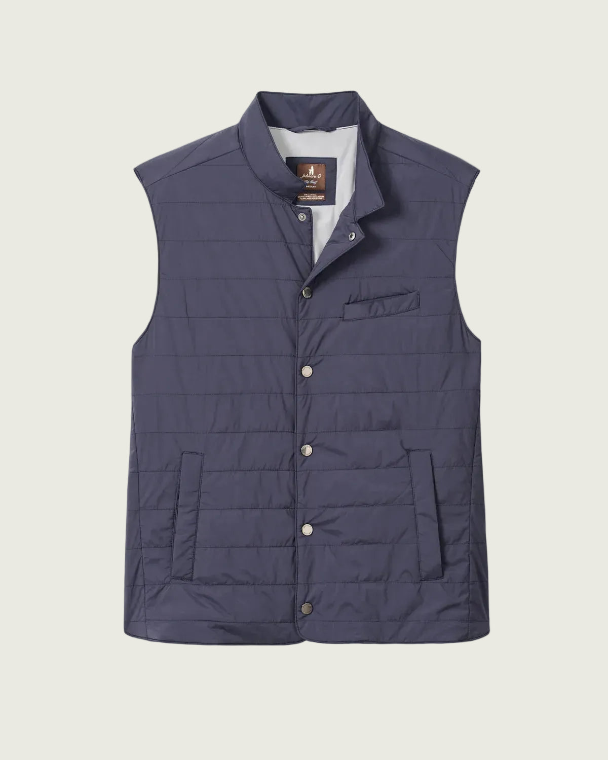 Navy blue vest with button details on a white background
