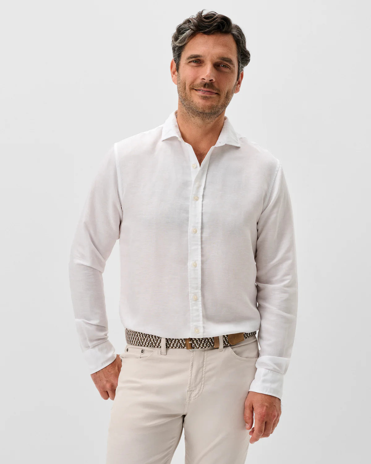 Johnnie O - Solid Linen Blend Button Up Shirt - White