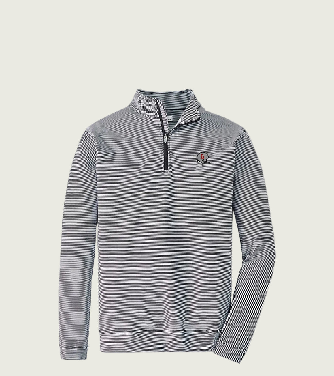 A quarter zip pullover with a striped pattern, predominantly in black and white, featuring a small logo on the left chest area.