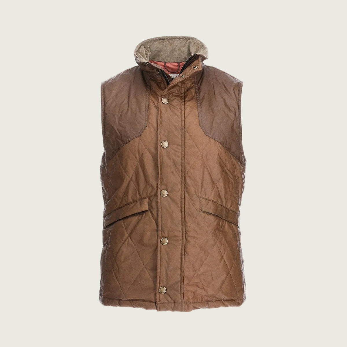 A brown quilted sleeveless vest with a high collar, button front, and two front patch pockets, shown against a plain white background.
