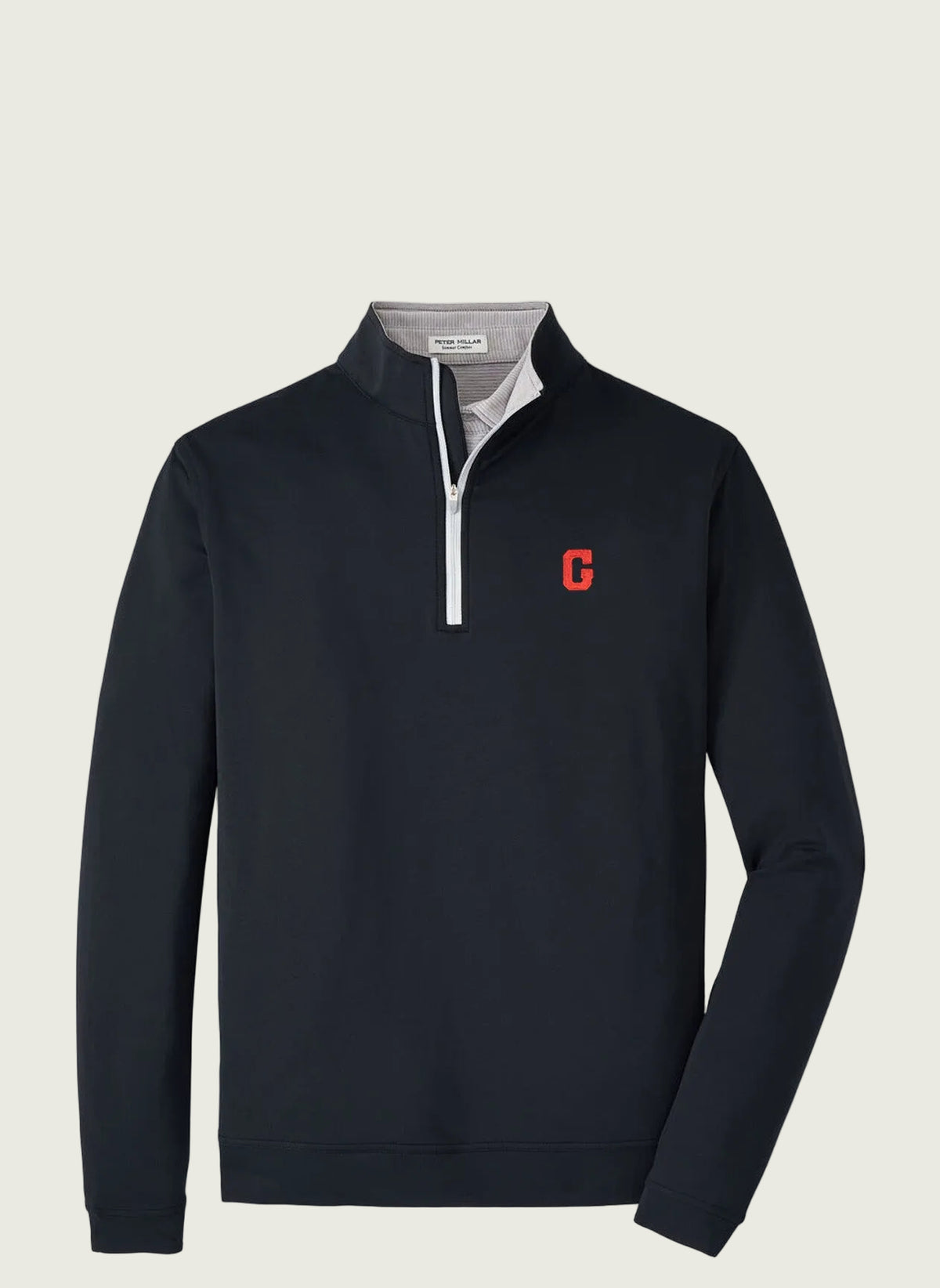 A navy-colored quarter zip pullover with a red 'G' logo on the chest, designed from stretch French terry fabric.