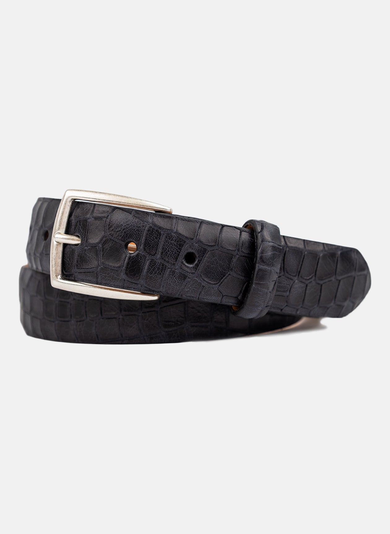 W.Kleinberg - Distressed Embossed Crocodile Belt with Antique Silver Buckle - Black