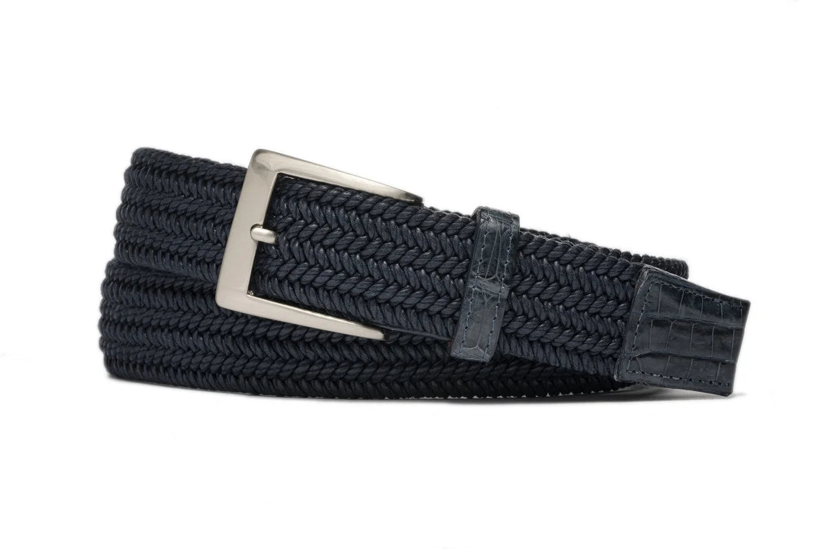 W. Kleinberg - Solid Stretch Belt with Croc Tabs - Navy