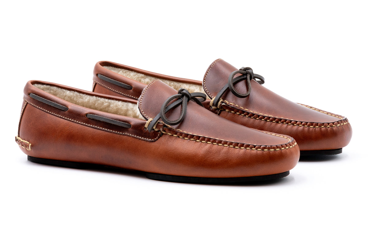 邦楽 DADDY LONGFEET Martin Dingman - Old Row Oiled Saddle Leather Slippers - Cigar