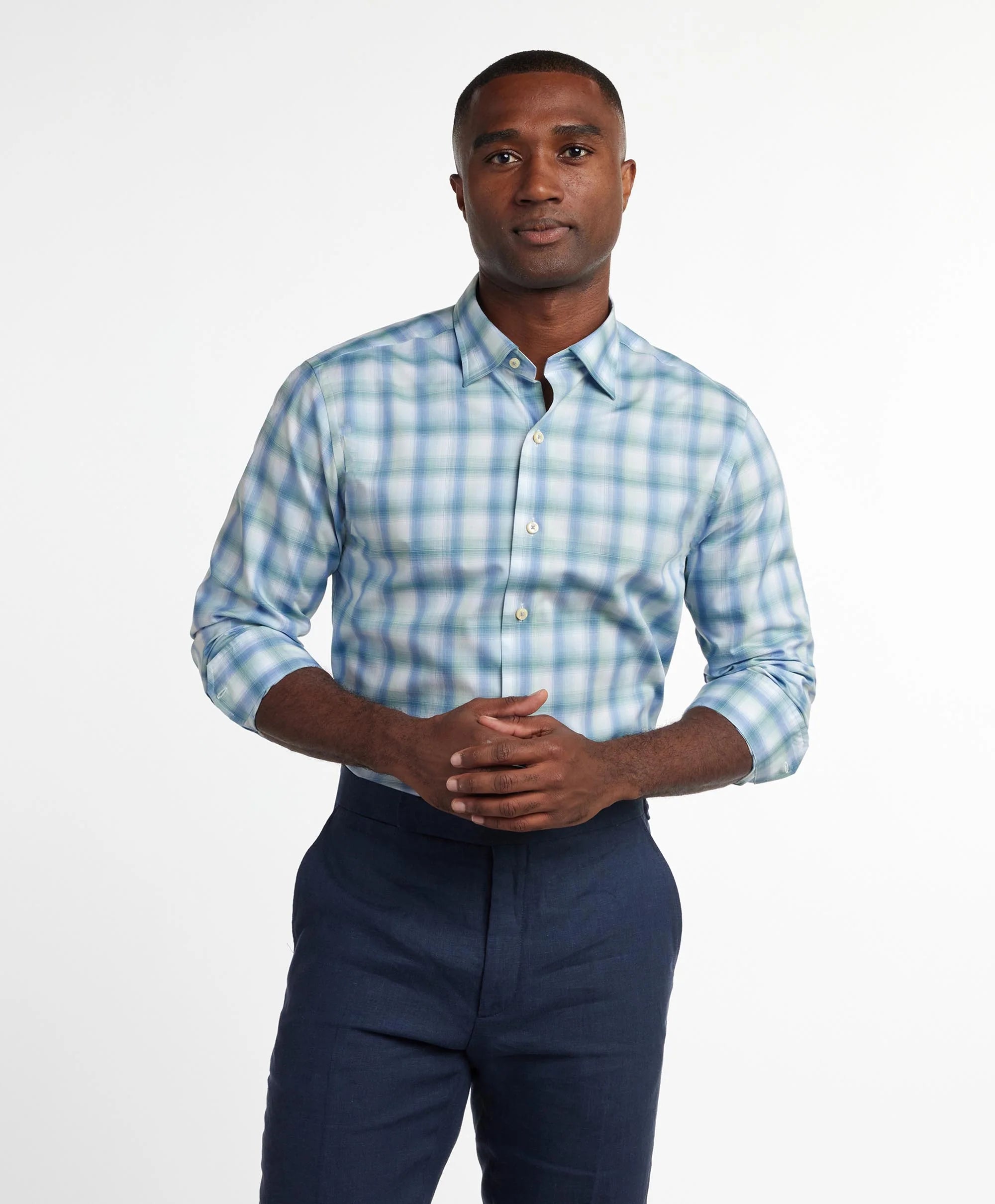 David Donahue - Blue & Green Twill Check Sport Shirt