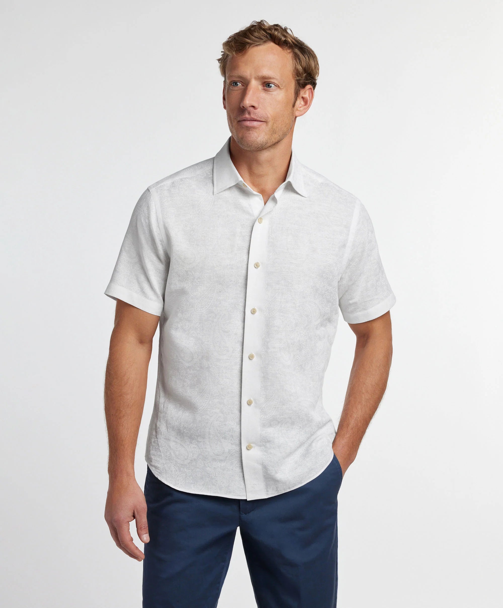 David Donahue - White Paisley Linen Blend Short Sleeve Shirt