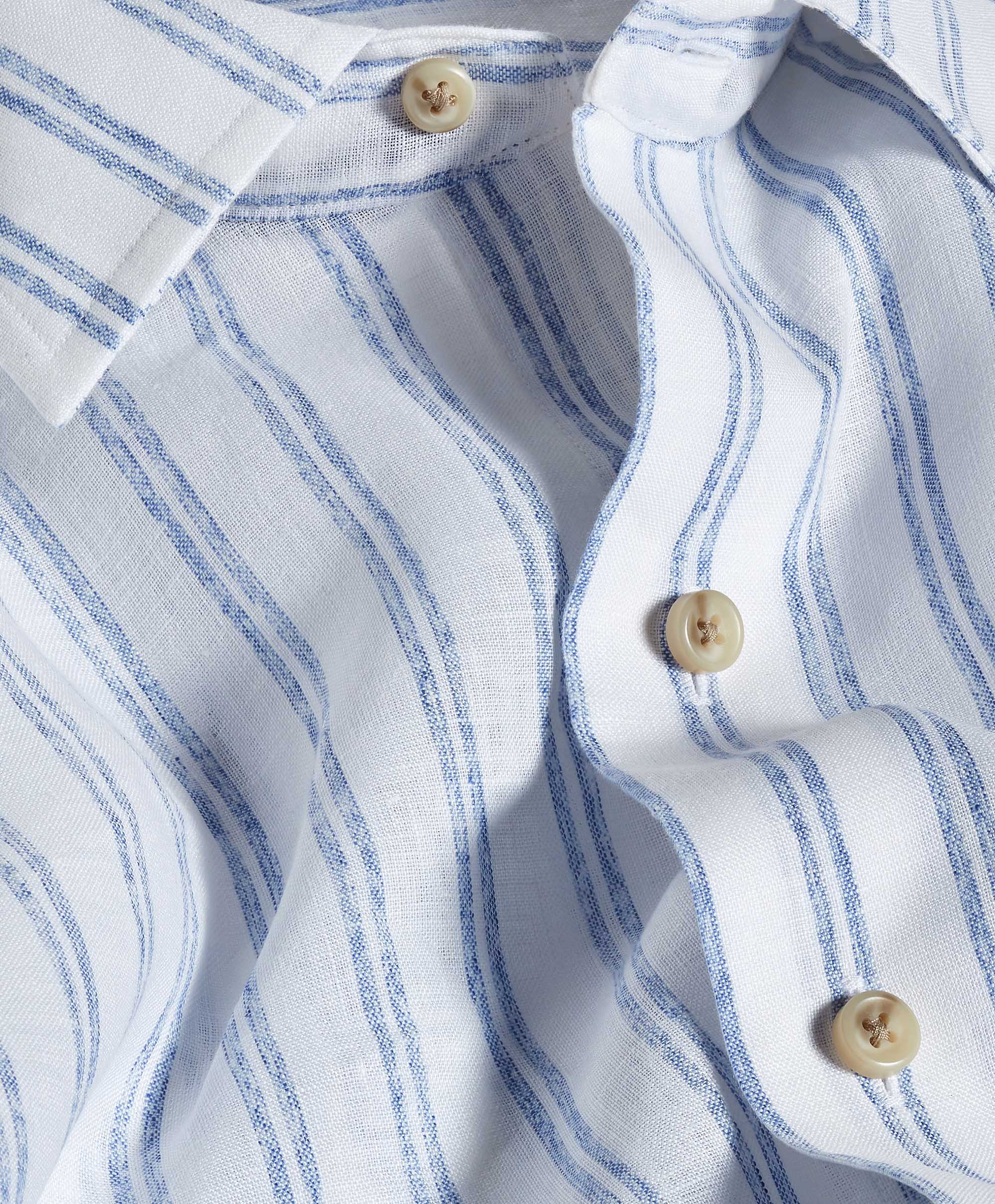 David Donahue - White & Blue Linen Stripe Short Sleeve Shirt