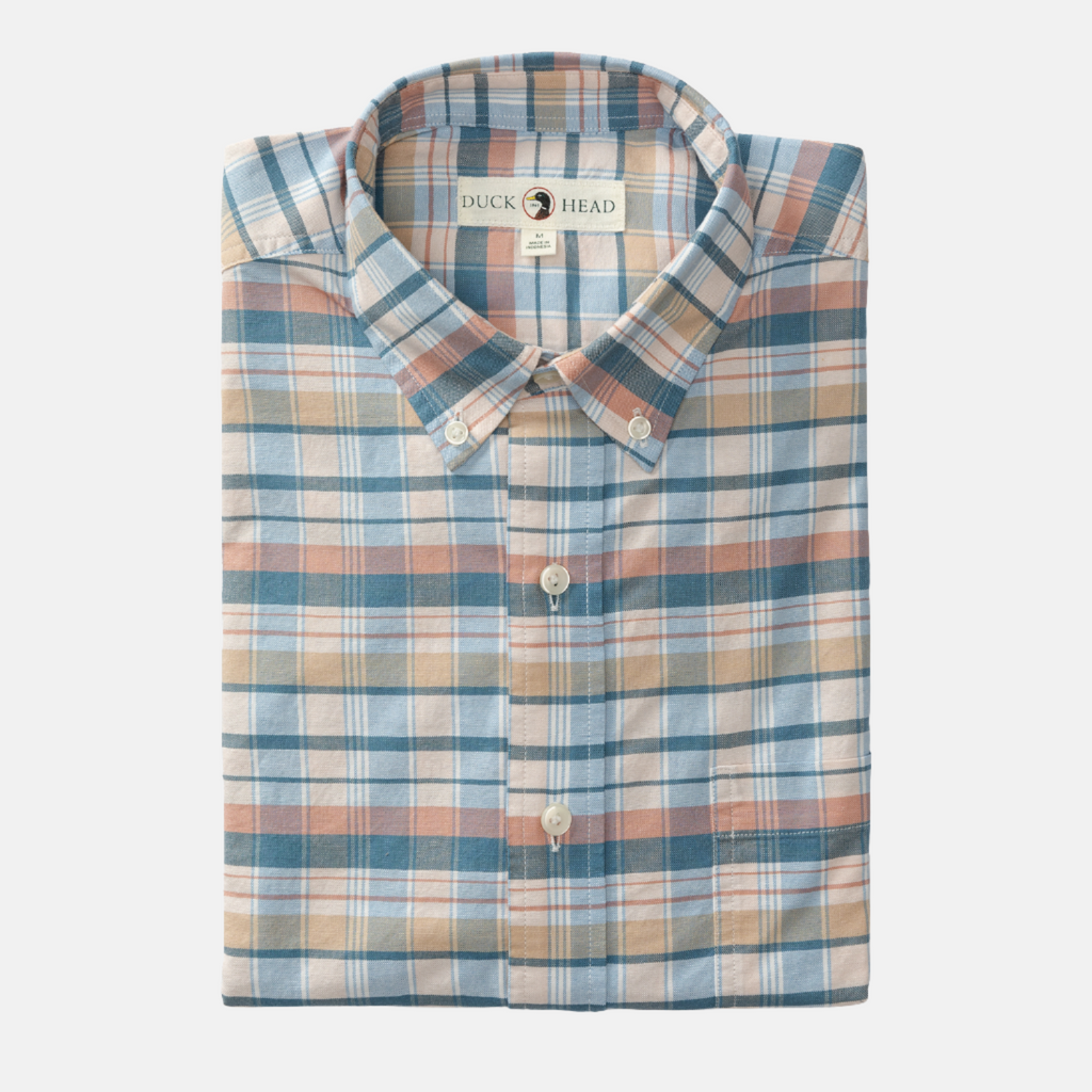 Folded Rosewood Cotton Oxford Shirt Landers Plaid. Shirt has dark teal, light yellow, light blue, and orange plaid detailing and off-white buttons.