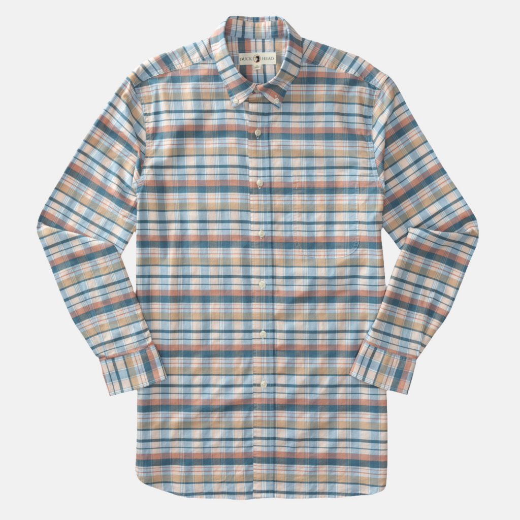 Rosewood Cotton Oxford Shirt Landers Plaid. Shirt has dark teal, light yellow, light blue, and orange plaid detailing and off-white buttons.