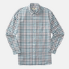 Sky Blue Linen Cotton Oxford Brackett Shirt. Shirt has a sky blue background with light yellow, light pink, and dark teal plaid detailing and off-white buttons.