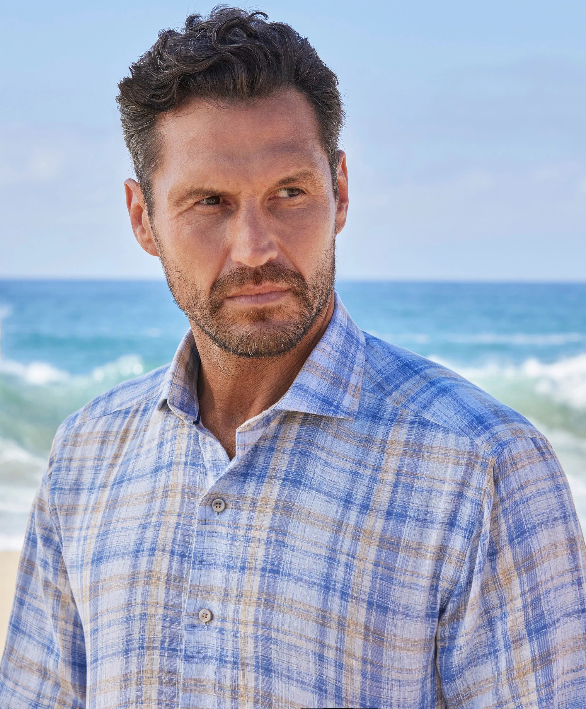 David Donahue - Blue & Dune Linen Check Sport Shirt