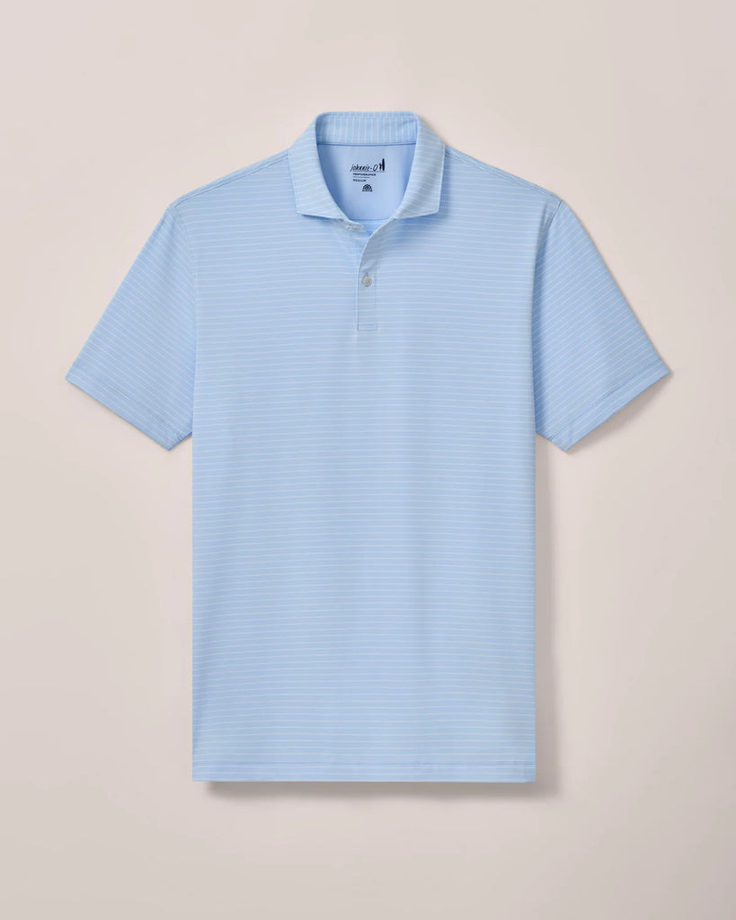 Light blue striped polo shirt on a beige background